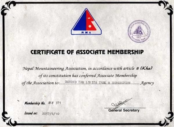 Nepal Mountaineering Association Certificate