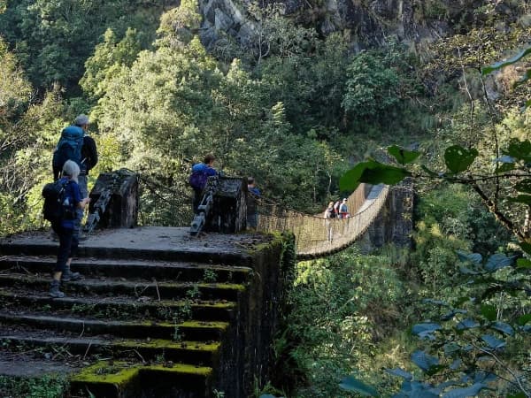 Kanchenjunga trek crossing suspension bridge