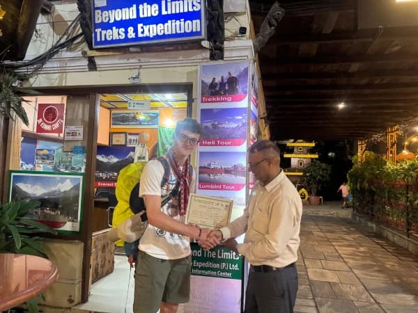 Lucas certificate of achievement after mardi trek
